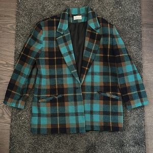 Vintage Winter Fall Green Plaid Blazer Jacket